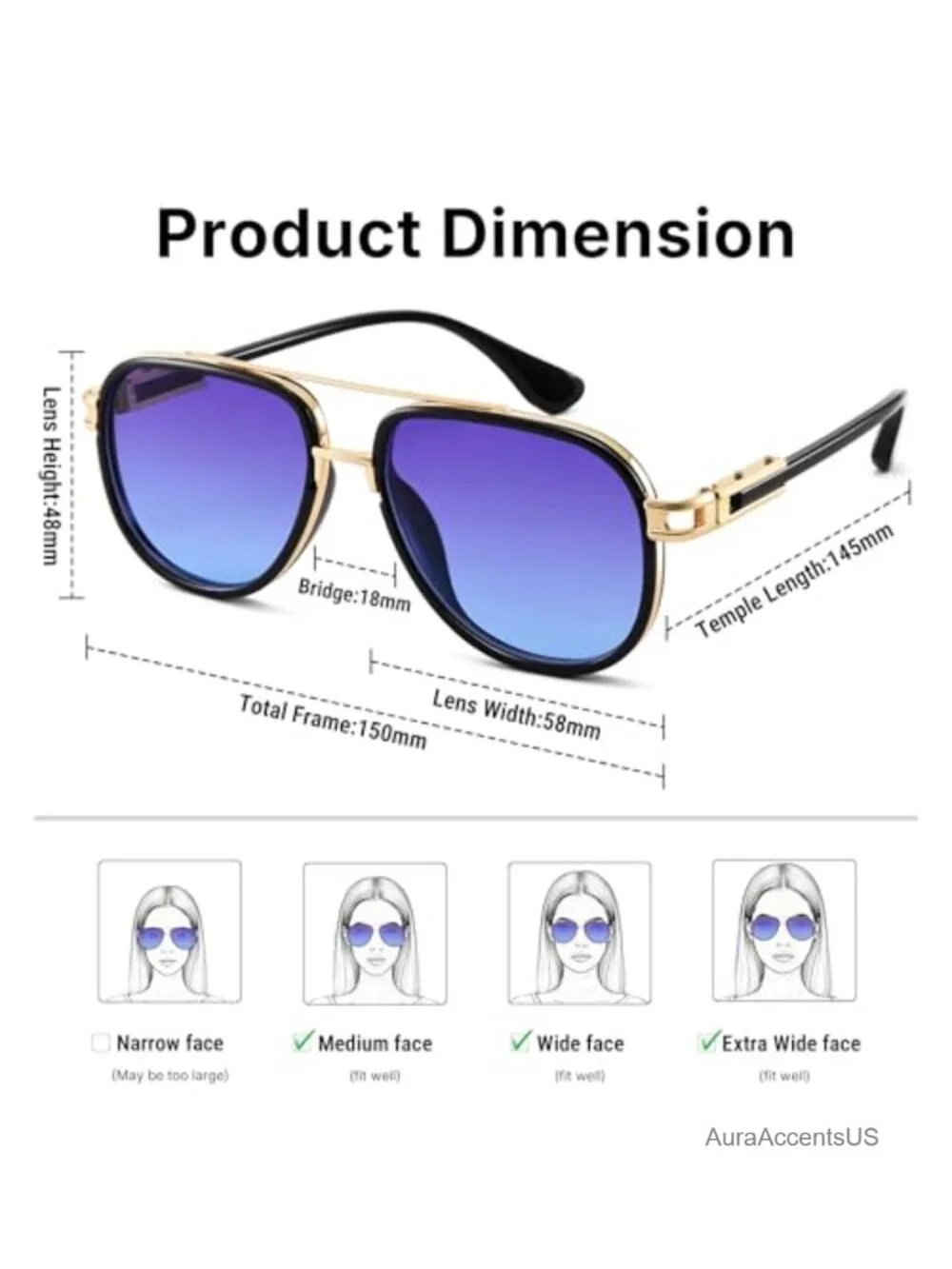 Oversized Aviator Sunglasses Metal Gradient UV400 Square Full-Frame Retro